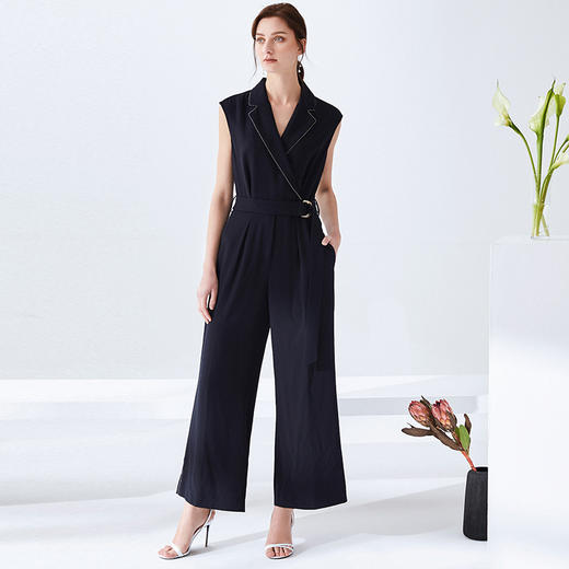 EITIE爱特爱夏季新款时尚通勤百搭翻领无袖收腰连体裤长裤女5907629 商品图1