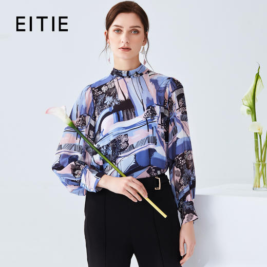 EITIE爱特爱夏季新款时尚通勤撞色印花立领飘带衬衫女上衣5913608 商品图1