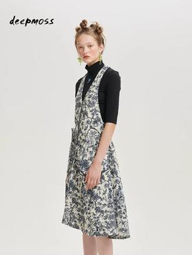 deepmoss2020春夏新款丛林碎花图案拉链提花挂脖连衣裙 dm20ssDS10AB