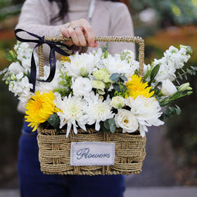 菊花手提花篮-扫墓祭奠追悼念鲜花速递同城清明节重阳节祭祖