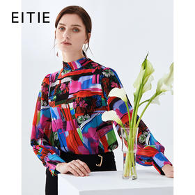 EITIE爱特爱夏季新款时尚通勤撞色印花立领飘带衬衫女上衣5913608