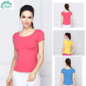 《惊爆618 不退换》HWT瑜伽服短袖圆领上衣T恤瑜伽服上装夏季瑜伽服带胸垫