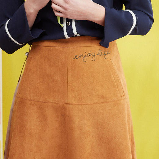 欧芮儿女 高腰字母麂皮绒开叉半身裙女中长款开叉 商品图2