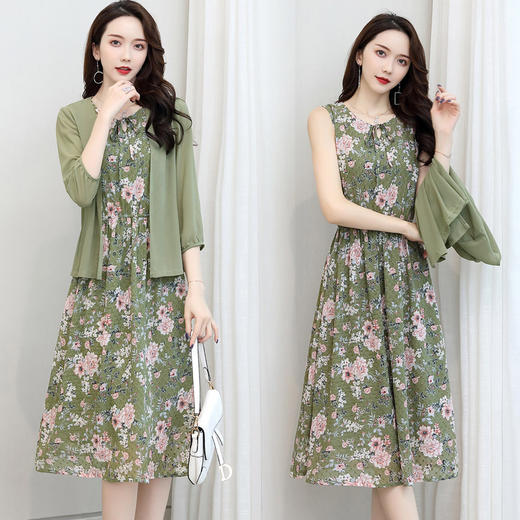 XL-8808新款韩版修身系带雪纺连衣裙+外套两件套碎花中长裙 商品图1