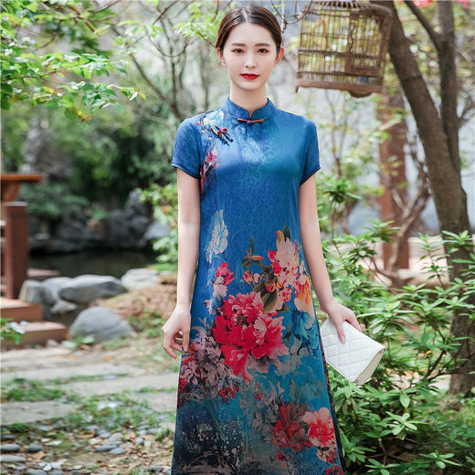 sky 21189 锦丝棉蓝大码改良新款旗袍