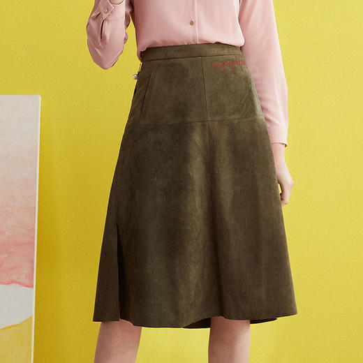 欧芮儿女 高腰字母麂皮绒开叉半身裙女中长款开叉 商品图0