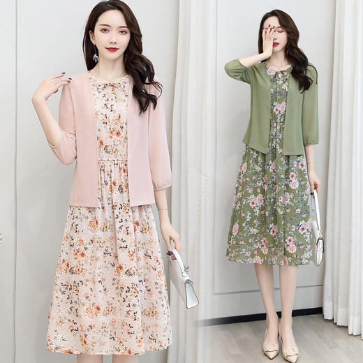 XL-8808新款韩版修身系带雪纺连衣裙+外套两件套碎花中长裙 商品图0