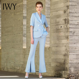 蓝色五分袖喇叭裤西装套装 下午