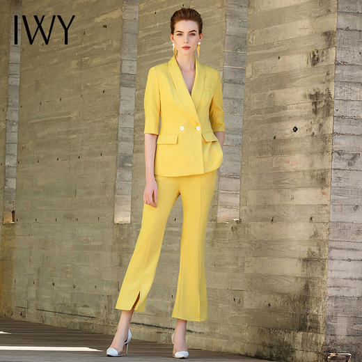 IWY/主持人同款黄色五分袖喇叭裤西装套装CP9175 商品图1