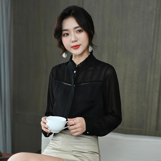 KQL-260031春季新款花边立领长袖设计感小众职业桑蚕丝上衣 商品图1