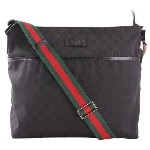 【二手85新】gucci古驰 黑色帆布配红绿条纹肩带男士单肩斜挎包189751