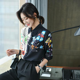 KQL-260003春夏新款真丝衬衫女拼接洋气桑蚕丝上衣