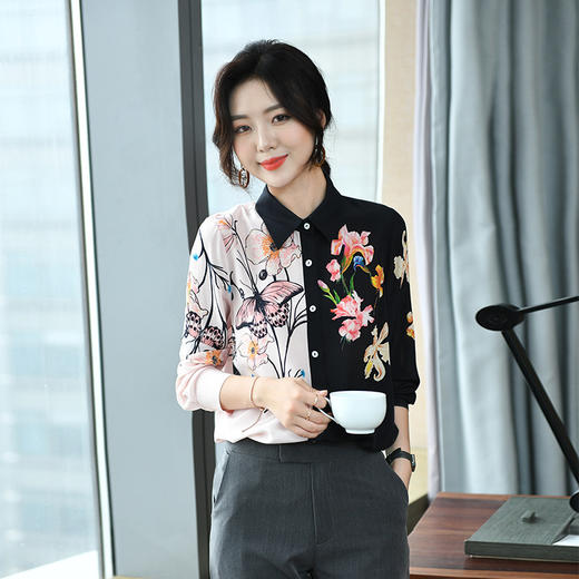 KQL-260003春夏新款真丝衬衫女拼接洋气桑蚕丝上衣 商品图2