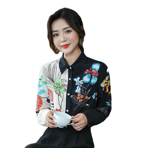 KQL-260003春夏新款真丝衬衫女拼接洋气桑蚕丝上衣 商品图4