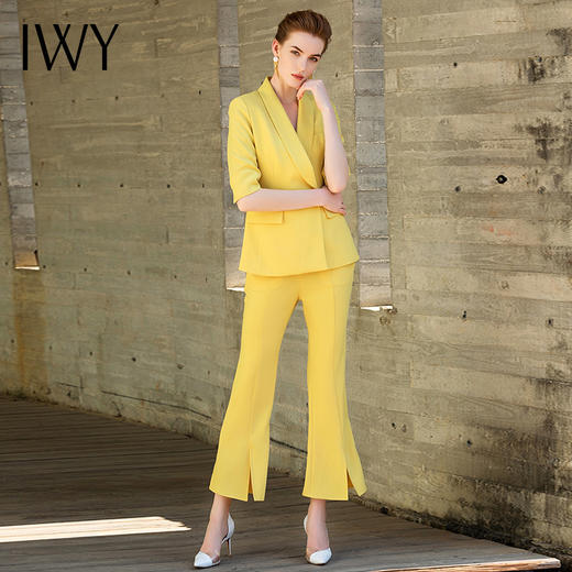 IWY/主持人同款黄色五分袖喇叭裤西装套装CP9175 商品图4