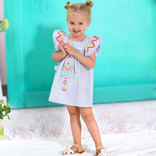 棉果果夏季女童条纹方领短袖连衣裙M222701220345 商品图7