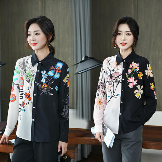 KQL-260003春夏新款真丝衬衫女拼接洋气桑蚕丝上衣 商品图1