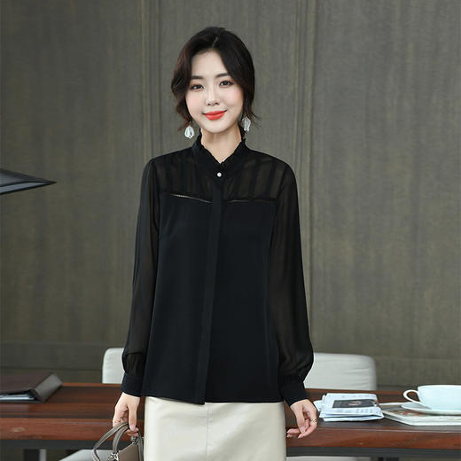 KQL-260031春季新款花边立领长袖设计感小众职业桑蚕丝上衣 商品图0