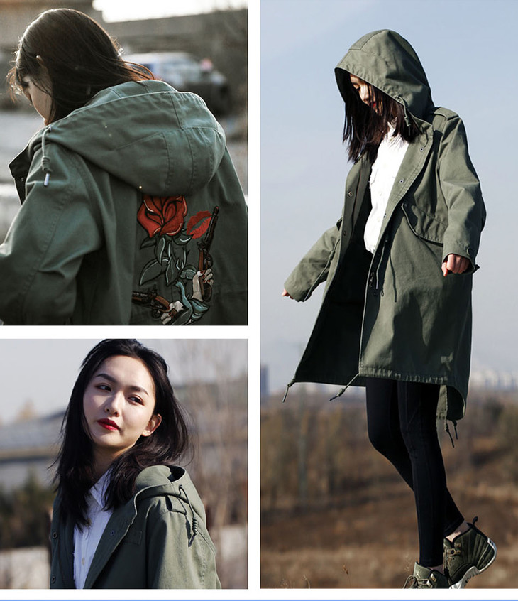 m51鱼尾风衣女款中长款风衣外套军绿色工装连帽大衣parka
