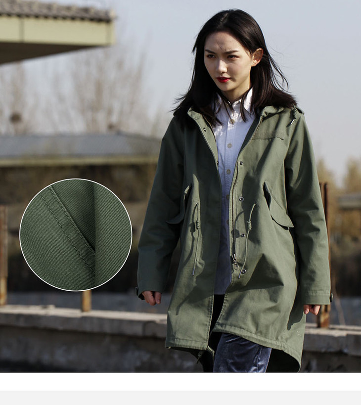 m51鱼尾风衣女款中长款风衣外套军绿色工装连帽大衣parka