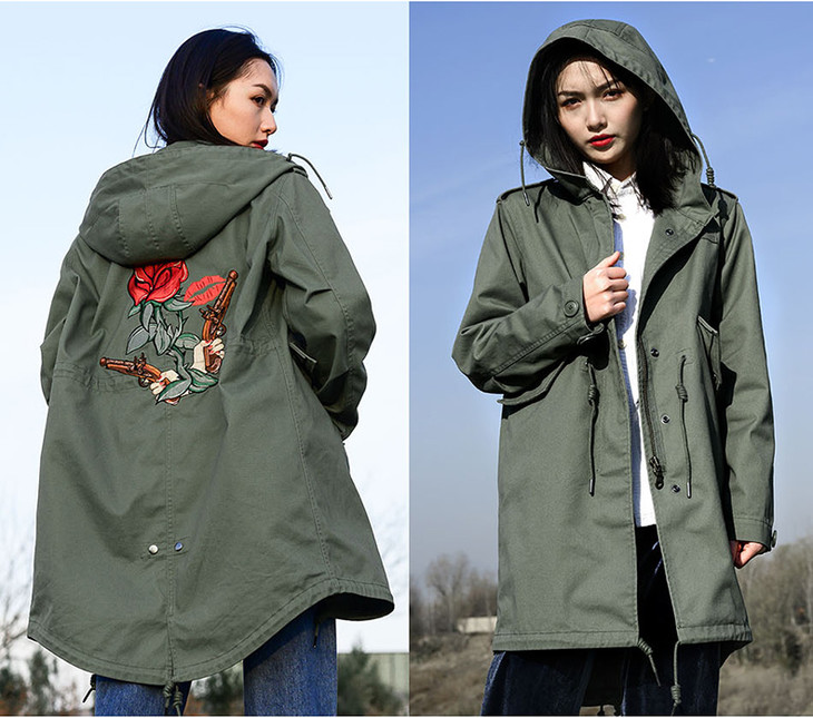 m51鱼尾风衣女款中长款风衣外套军绿色工装连帽大衣parka