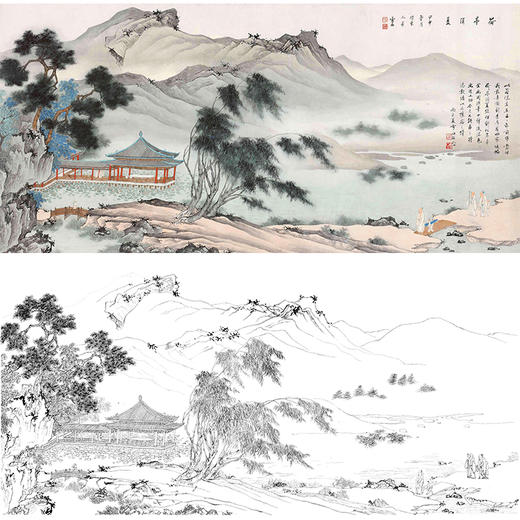 工笔画白描底稿白雪石横幅山水bx08