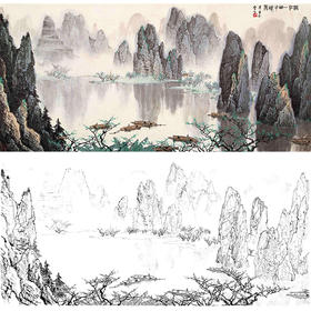 工笔画白描底稿-白雪石横幅山水-BX05
