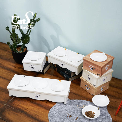 CatS猫家具 经典木制猫餐桌猫食盆 成猫使用 可增高 多色瓷碗包邮 商品图0