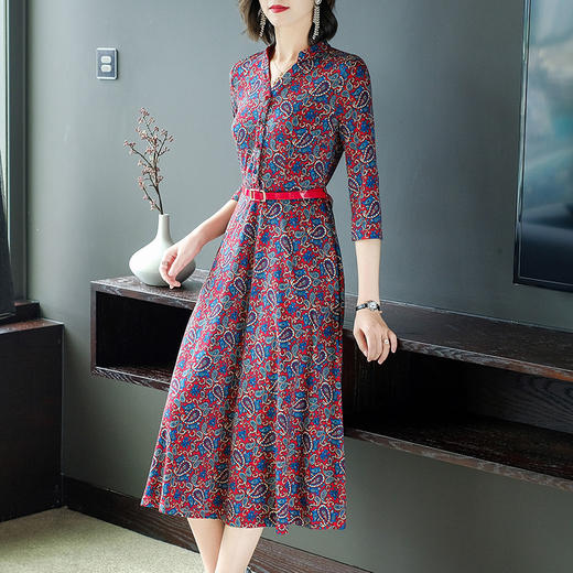 AHM-tywf6662新款气质优雅V领七分袖中长款修身显瘦复古印花针织连衣裙 商品图1