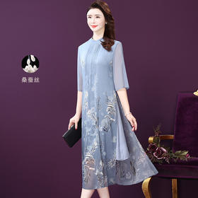 WXY-052春装新款五分袖减龄印花超仙桑蚕丝妈妈装连衣裙