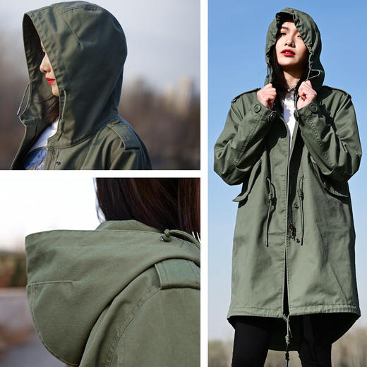 m51鱼尾风衣女款中长款风衣外套军绿色工装连帽大衣parka
