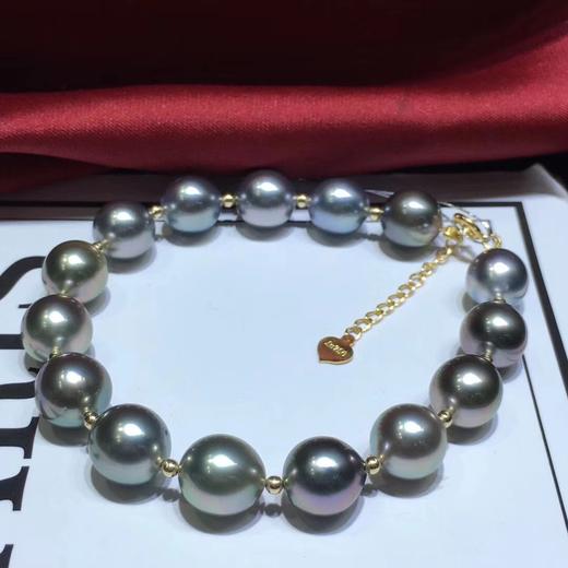 18k金纯天然大溪地黑珍珠手链15颗89mm近圆强光细皮微瑕高级色感时尚