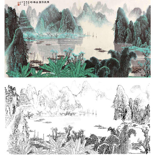 工笔画白描底稿-白雪石横幅山水-bx17