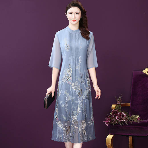WXY-052春装新款五分袖减龄印花超仙桑蚕丝妈妈装连衣裙 商品图1
