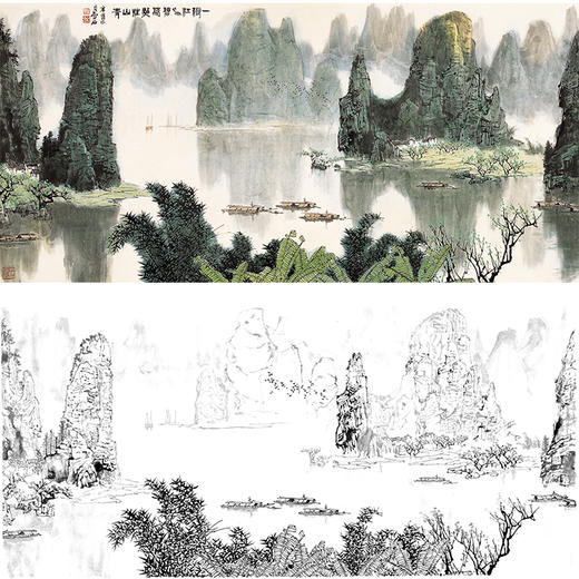 工笔画白描底稿白雪石横幅山水bx07