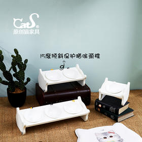 CatS猫家具萌猫斜面木制猫餐桌 猫碗架猫食盆 彩色猫瓷碗 包邮