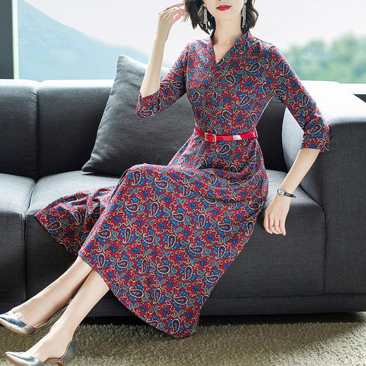 AHM-tywf6662新款气质优雅V领七分袖中长款修身显瘦复古印花针织连衣裙 商品图3