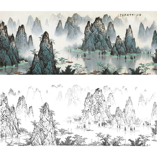 工笔画白描底稿白雪石横幅山水bx13