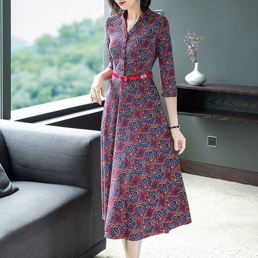 AHM-tywf6662新款气质优雅V领七分袖中长款修身显瘦复古印花针织连衣裙 商品图2