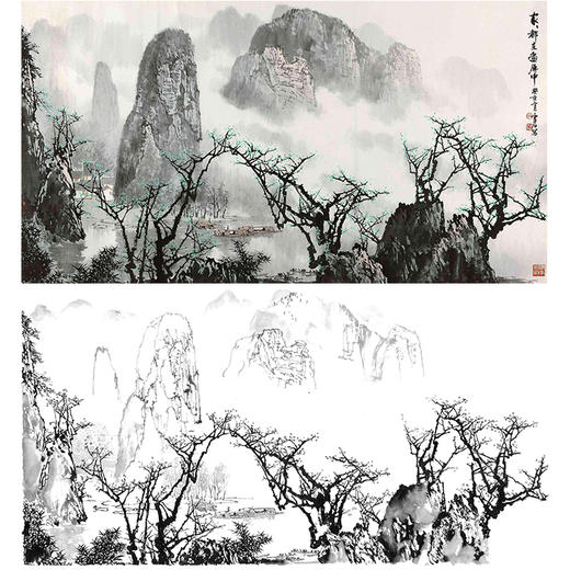 工笔画白描底稿白雪石横幅山水bx15
