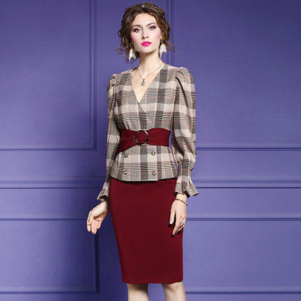 FMY-28780气质女神范V领收腰上衣包臀裙两件套 商品图1