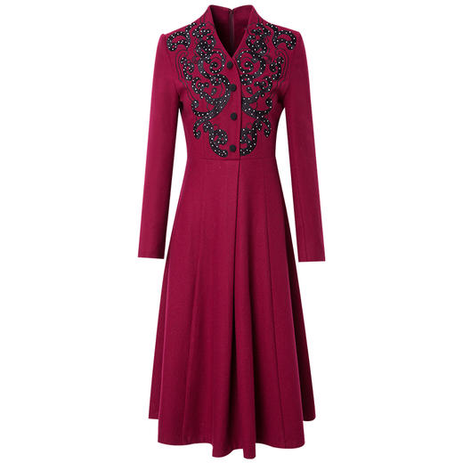 FMY-28511新款时尚V领钉珠收腰中长款A字裙 商品图1