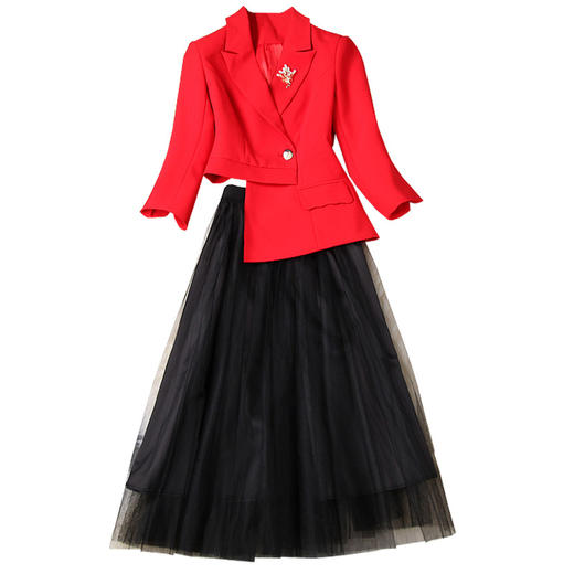 LYY-T10626不规则收腰小西装外套+松紧腰网纱半身裙套装 商品图4