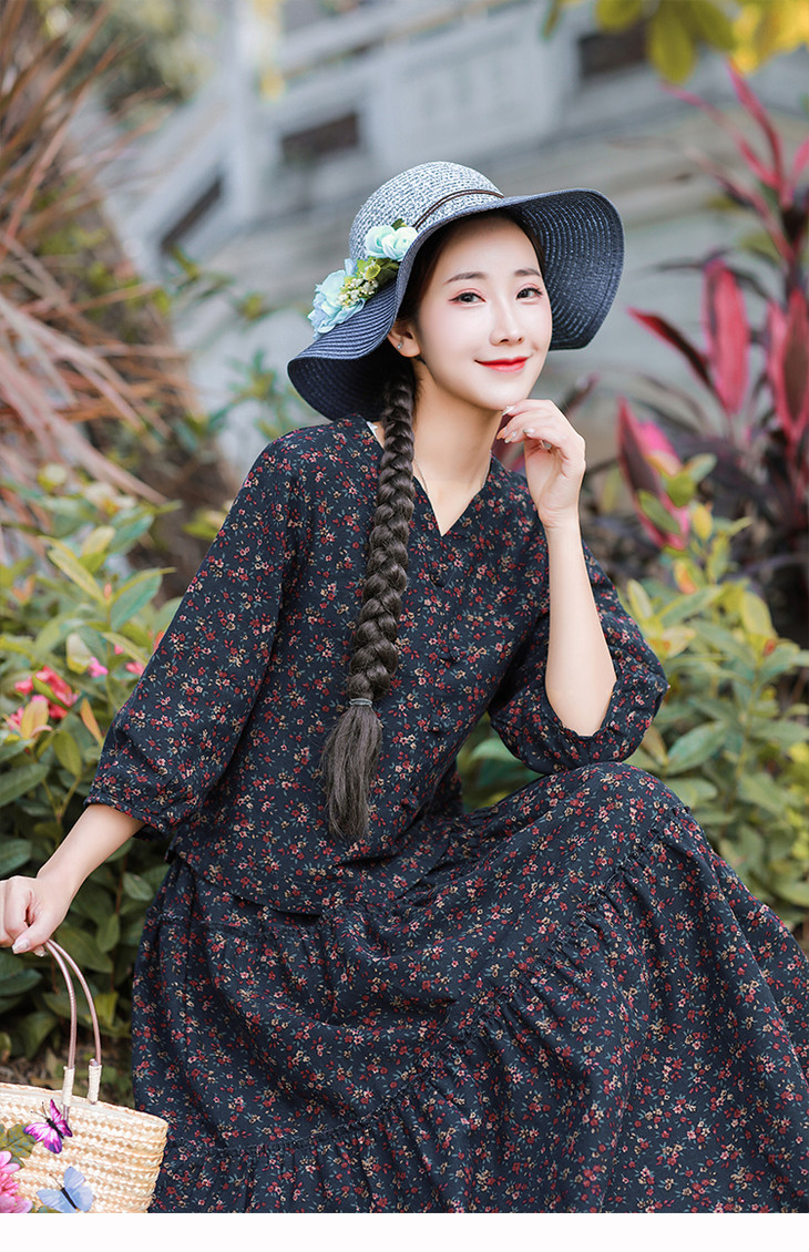 pdd8585民族风女装中式服装复古棉麻裙子套装两件套洋气女春夏碎花