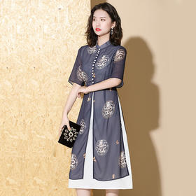 AYK-QF-191223印花拼接时尚中袖旗袍立领排扣A字连衣裙