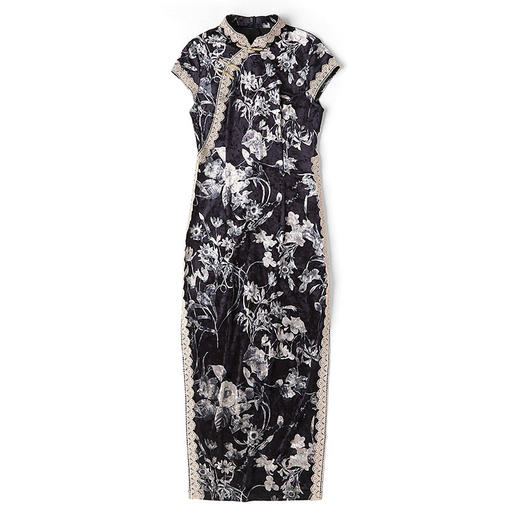 AYK-QF-1909047-7早春立领印花丝绒花边短袖修身国风时尚改良旗袍裙 商品图4