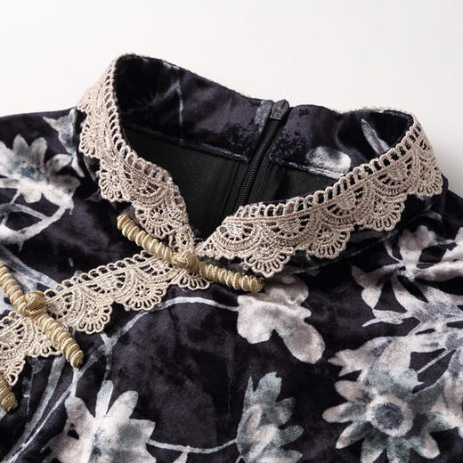 AYK-QF-1909047-7早春立领印花丝绒花边短袖修身国风时尚改良旗袍裙 商品图3