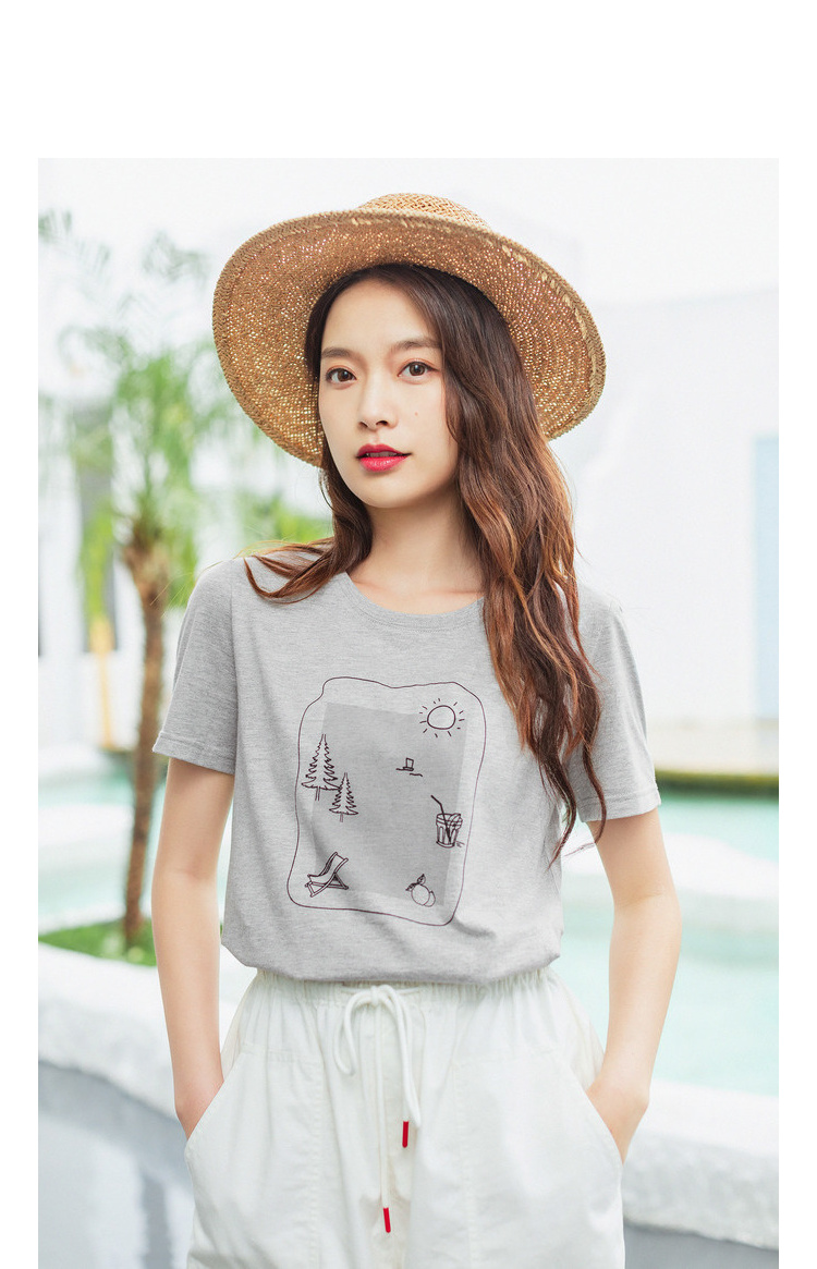 茵曼2020夏装新款短袖t恤海边度假太阳印花学生少女休闲百搭上衣