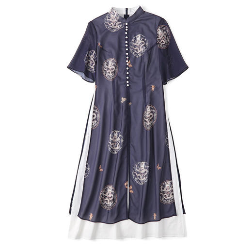 AYK-QF-191223印花拼接时尚中袖旗袍立领排扣A字连衣裙 商品图4