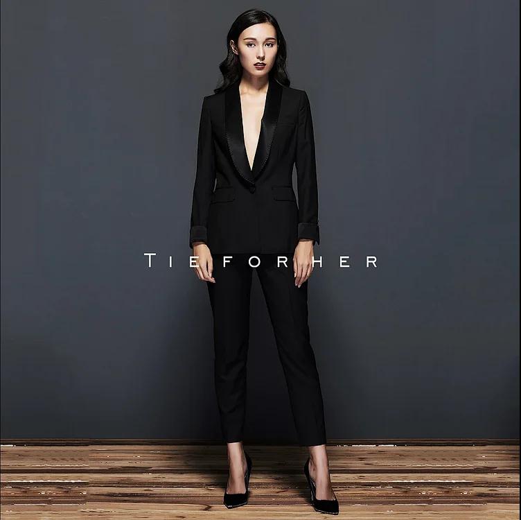 TF065 TieForHer礼服款缎边黑色九分西裤